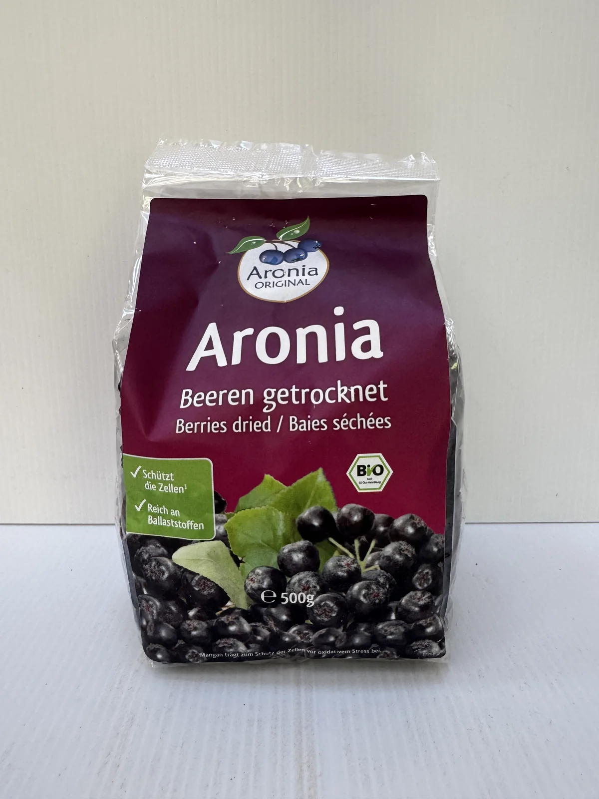 Pose med tørrede økologiske aroniabær, 500 g.
