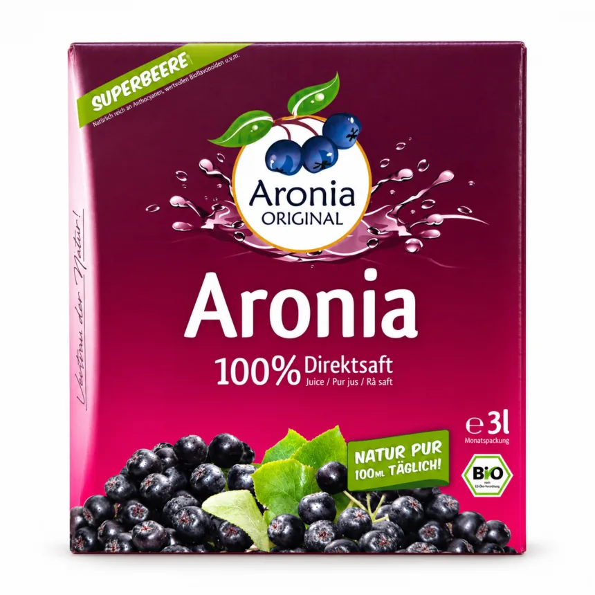Bag-in-box med økologisk Aronia 100 % direktsaft, 3 liter.