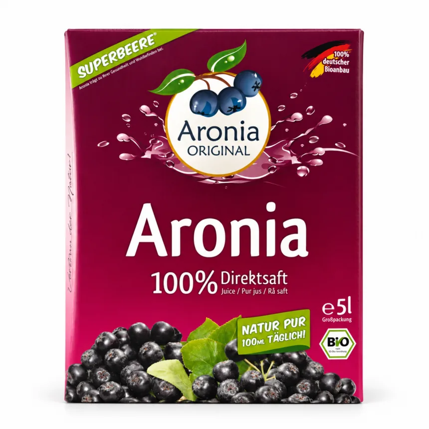Bag-in-box med økologisk Aronia 100 % direktsaft, 5 liter.